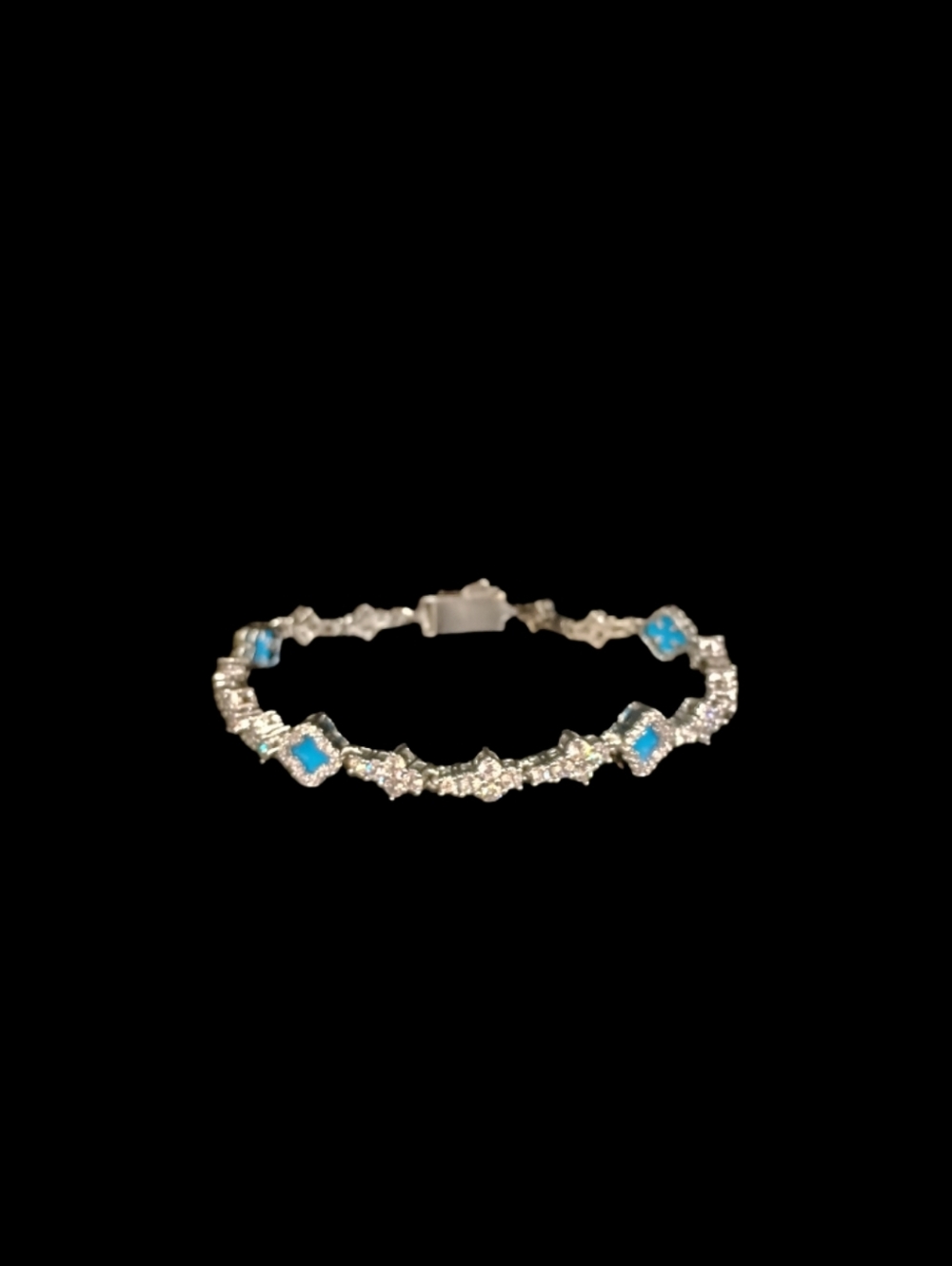 Iced Out Silver Tone Tennis Bracelet Blue Stone Clover Style Bling ✨